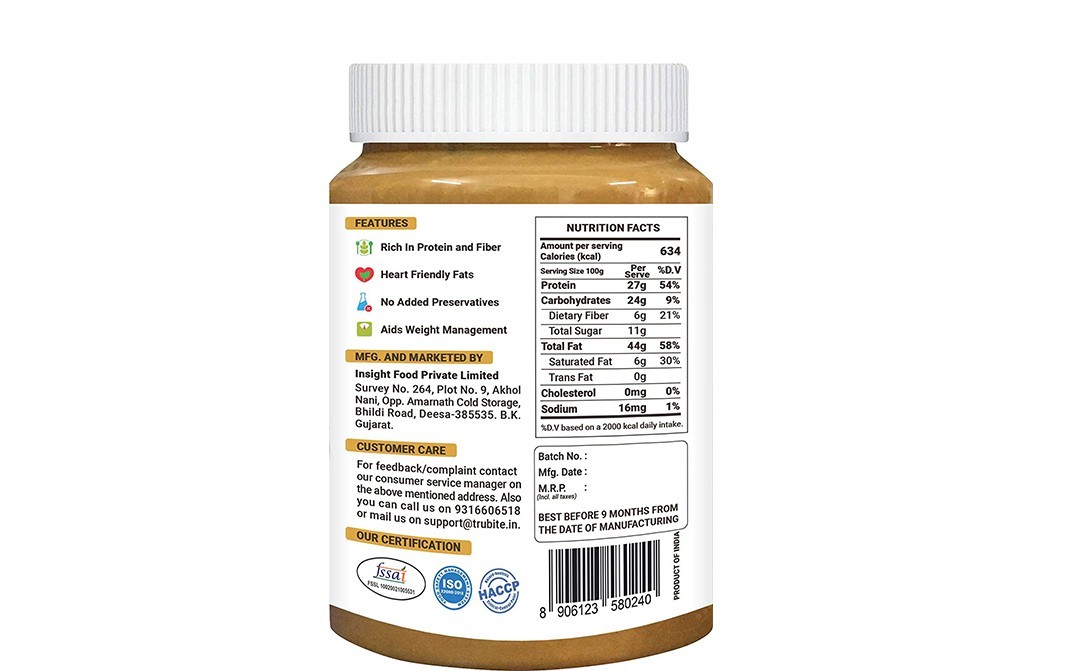 Trubite Honey Peanut Butter Crunchy Bee Sweetened   Plastic Jar  1 kilogram